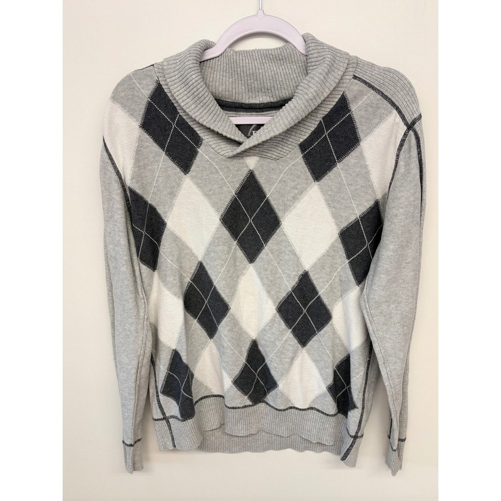 Grandpacore Preppy Academia Shawl Neck Argyle Knit Sweater Buckle BKE Men L Gray